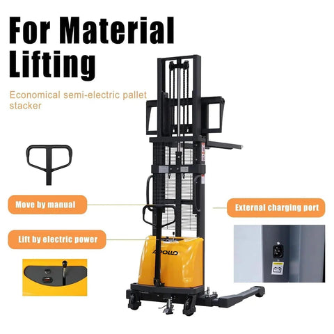 Built Like A Tank Semi Electric Pallet Stacker With 98 Inch Lift Height And 3300 Pound Capacity Featuring secure foot brakes and manual controls.