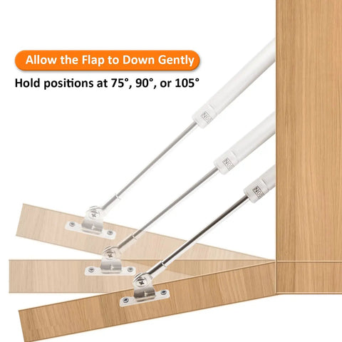 Diagram of two pack 100N 22lbs drop-down gas struts for drop-front desks and fold-down lids, showing positions at 75, 90, 105 degrees.