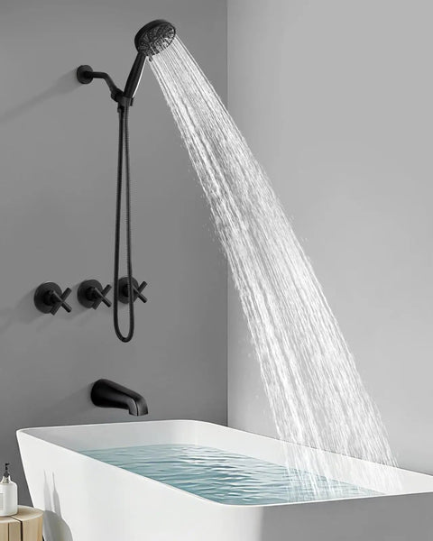 Slick Three Handle Tub Shower Faucet Set With Six Mode Handheld Sprayer And Matte Black Finish water flowing from sprayer into tub.