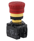 Self Locking Push Button Stop Switch 1NO 125V 250V 18A 12A For Industrial Machinery And Control Panels Black Red 80x50x50mm front view
