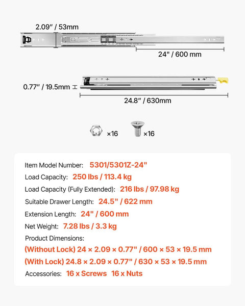 Dimensions and specifications of Beefy Heavy Duty 24 Inch Drawer Slides Pair With Locking 250 Lb Capacity Side Mount Ball Bearing Full Extension