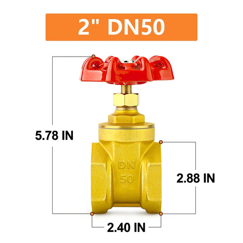 Front view of 2-inch brass gate valve with red hand wheel and female x female threads