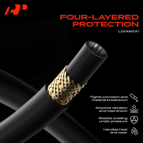 Honda Power Steering High Pressure Hose Line Assembly with four-layer protection showing inner materials and durability features.