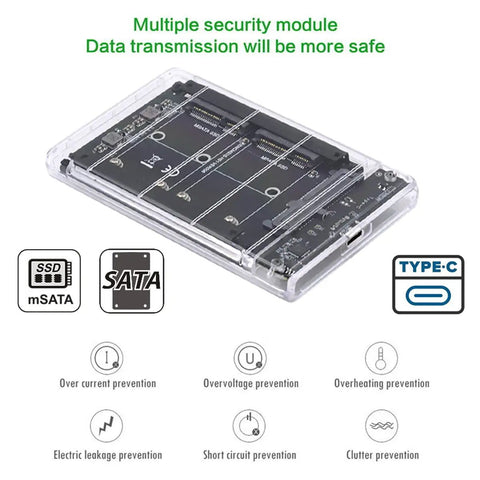 Dual MSATA SSD To USB 3.0 Type C Adapter With JBOD Raid 0 Mode And 2.5 Inch SATA Combo Enclosure for hot swap drives, showing anti-overvoltage and anti-short circuit features.
