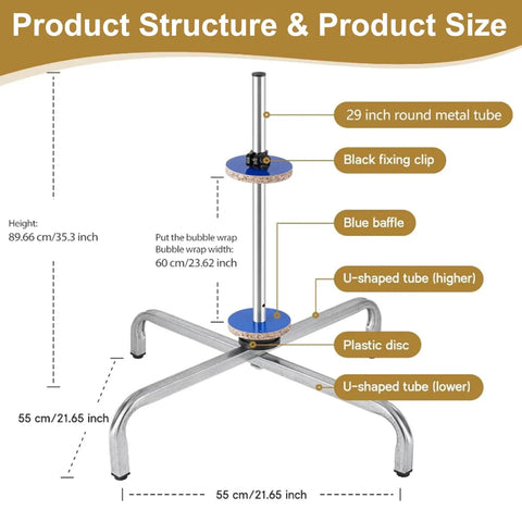 Heavy Duty Bubble Wrap Roll Dispenser Smooth Packing Station For Moving And Shipping Secure All Those Fragile Boxes With A Hella Tough Galvanized Steel Frame, showing product structure with dimensions.