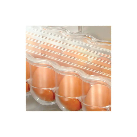 Stackable Clear Egg Organizer With Lid And Handle Fridge 12-Egg Tray Storage Bin showing eggs inside transparent BPA-free plastic design