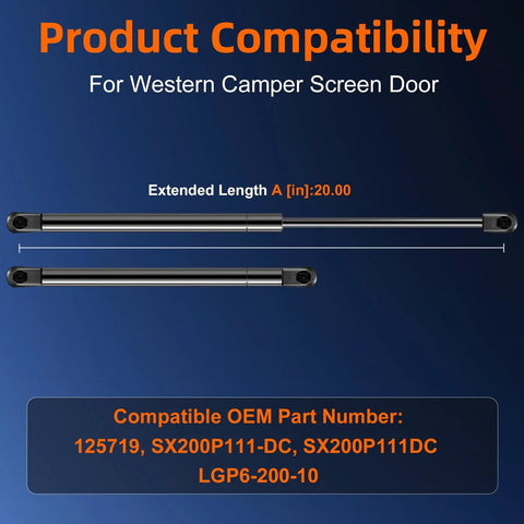 20 Inch Gas Strut For Rv Trailer Screen Door And Camper Entrance Lift Replacement, showing two black gas struts with extended length.
