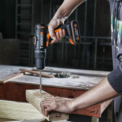Heavy Duty Cordless Impact Drill Equipped With Killer Dual Speed Motor And 18 Precision Torque Settings For No Sweat Home Repairs And Rock Solid Construction Power in use on wood.