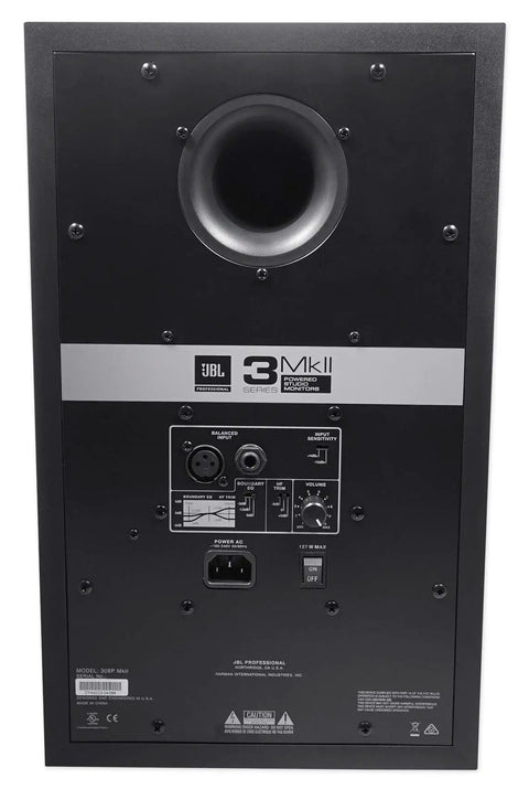 Rear view of two 8 inch 2 way active studio reference monitors with MkII transducers, showing input ports and boundary EQ controls.