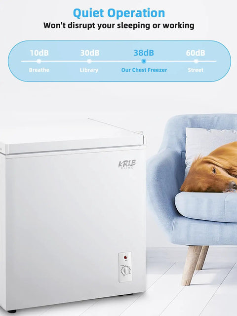 Compact 7.0 Cubic Foot Chest Freezer With Top Lid And White Finish, quiet operation indicator alongside a cozy home setting.