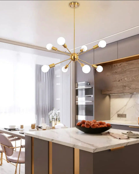 Gold Sputnik Chandelier 8 Light Modern Ceiling Fixture For Dining Room Living Room Kitchen Island With Adjustable Rods High Quality Electroplated Gold Finish Lit Mid Century Style Lighting in kitchen setting