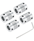 Four silver 5Mm To 10Mm Aluminum Beefy Shaft Coupling Flexible Couplers with hex key, 25mm long, for motors and CNC machines.