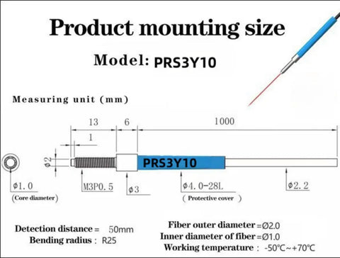 Diffuse Reflection Fiber Optic Sensor Probe For Automation, 2mm Fiber, M3 Amplifier Unit, TPV Housing, product mounting size diagram