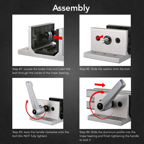 Gray L Handle Linear Bearing Brake Kit With Adjustable Stop For 40 Series 80 20 Ready Bearings assembly steps diagram