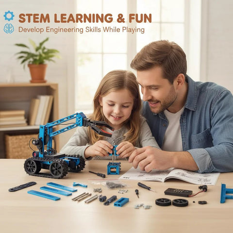 Father and daughter assembling a kids STEM robotic arm kit, fostering engineering skills.