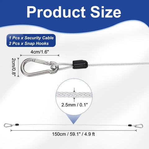 Heavy Duty PVC Coated Security Steel Cable With Snap Hooks 4.9 Ft Double Loop Wire Rope Lock For Outdoor Travel Luggage Bike Safety And Gear Clear Finish showing size and details.