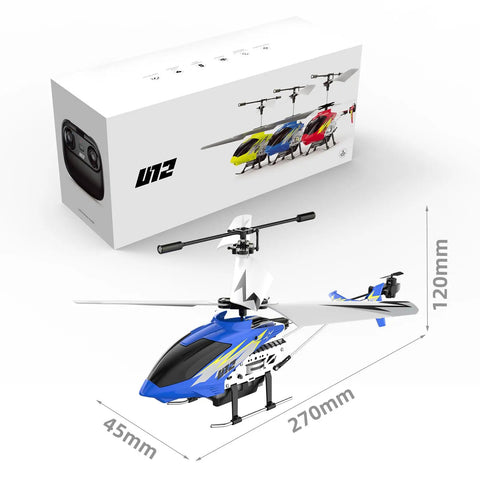 U12 RC Helicopter With Altitude Hold And Gyro Stabilization, shown with packaging and dimension labels, blue model