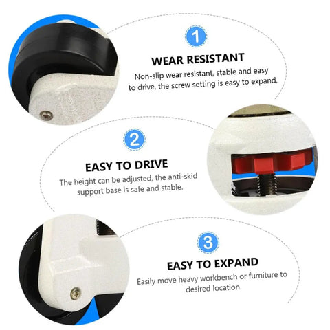 Badass Heavy Duty Adjustable Leveling Casters With Swivel Wheels For Workbenches And Shop Gear Four Pack Plate Mounts. Close-up of wear-resistant swivel wheel.