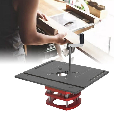 Top Tier Manual Router Lift Kit Featuring Quick Setup Router Table Mount And Secure Clamp Insert Base Plate For Hella Accurate Professional Woodworking Projects In Matte Black Finish with stable mounting base and precise height adjustment.