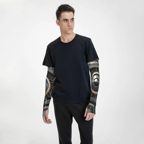 Cyborg Arm Sleeves For Men And Women Cool Stretchy Compression Sleeve For Cycling Golf Running And Fishing on a model in black shirt.