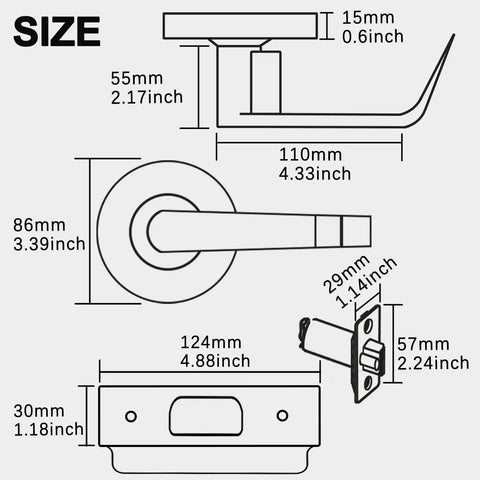 Heavy Duty Storeroom Door Lock Handle With Two And Three Quarter Backset UL 3 Hour Fire Rated ADA Compliant Satin Chrome Finish Non Handed Lever Grade 2 Commercial Lock Outside Fixed Lever Keyed Entry Inside Emergency Exit Lever dimensions diagram