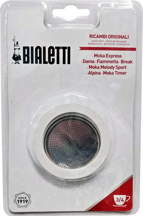 3 Cup Stovetop Espresso Maker Replacement Gasket And Filter Set with white rubber gasket and stainless steel filter in packaging