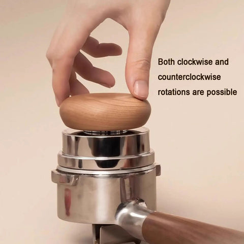 Professional Game Changer Espresso Coffee Tamper And Grounds Spinner Set Featuring Spring Loaded Leveler With Magnetic Grip for tight pucks with wooden top.