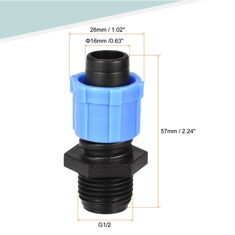 Easy Fit Barbed Locking Fittings For 16mm Drip Tubing With G1/2 Male Thread, blue PE plastic