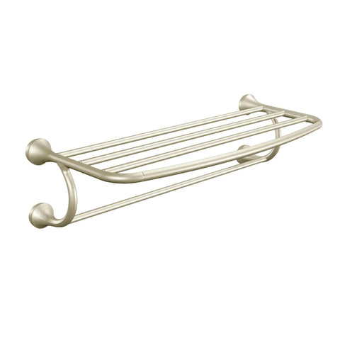 Eva Collection Brushed Nickel 26 Inch Wide Hotel Style Towel Shelf Wall Mounted Towel Rack for bathroom installation.