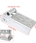 Two Pack Garage Door Bottom Lifting Brackets With 7/16 Inch Stem For Residential Use, Built Tough 13 Gauge Galvanized Steel Bottom Roller Brackets, Left And Right Set, Fasteners Not Included, shown with dimensions highlighted in red.