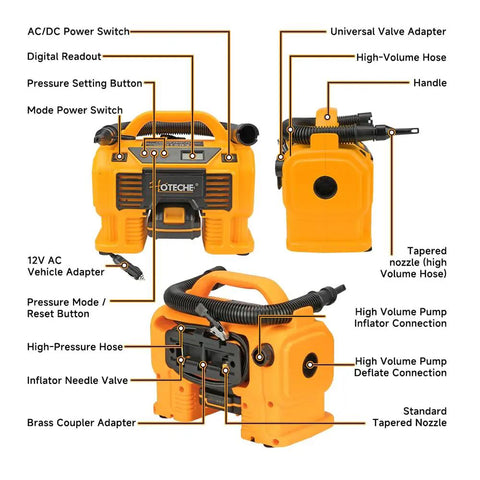 Hoteche 20V Cordless Air Compressor 160PSI Max showing controls, hoses, and attachments for tire inflating use.
