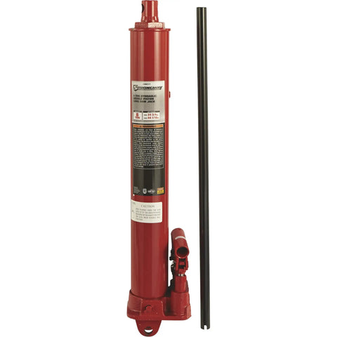 Heavy Duty 8 Ton Long Ram Hydraulic Floor Jack With Rapid Double Piston Pump, red steel construction and vertical lifting design.