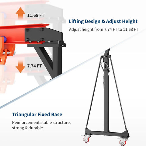 Side view of Gantry Crane With Manual Trolley 4400 Lbs Capacity 2 Ton Adjustable Height 8 To 12 Feet Portable Shop Crane.