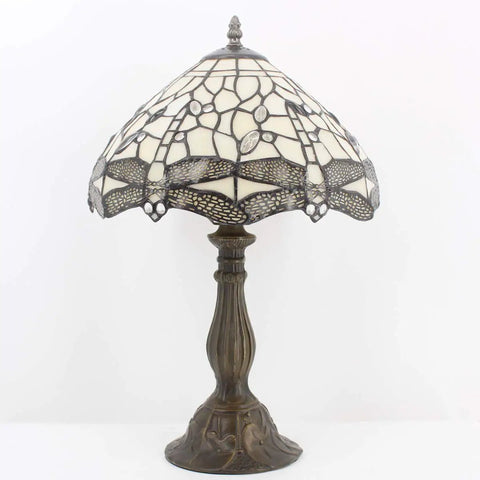 Cream Stained Glass Dragonfly Tiffany Bedside Table Lamp 12x12x18 Inches with vintage green bronze base on white background.