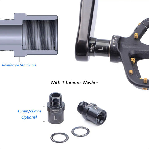 Close-up of Titanium Alloy Pedal Extenders 16mm and 20mm with washer for 9/16 inch threaded pedals, showing reinforced structure.
