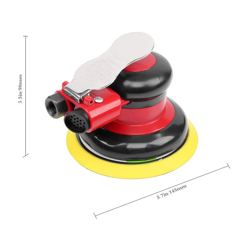 Heavy Duty 5 Inch Random Orbital Palm Sander Dual Action Pneumatic Power Tool with Aluminum Body, 3.5in x 5.7in dimensions shown