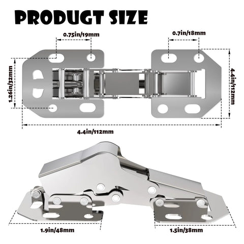 24 Pack Hidden Hinges Soft Close Surface Mount Concealed Cabinet Hinges For Frameless Kitchen Cabinets No Pre Drill Holes Easy Install For Cabinet Doors Durable Steel Construction Great For Modern Cupboards, showing detailed size illustration.