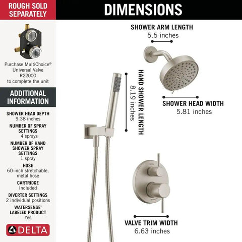 Dimensions of Slick Brushed Nickel Shower System Valve Trim Kit Featuring A Badass 6 Inch Rainfall Head and Wall Mount Handheld.