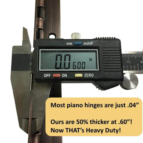 Thickness measurement of Beefy Heavy Duty One And A Half By Seventy Two Inch Continuous Piano Hinge in Antique Bronze with caliper gauge