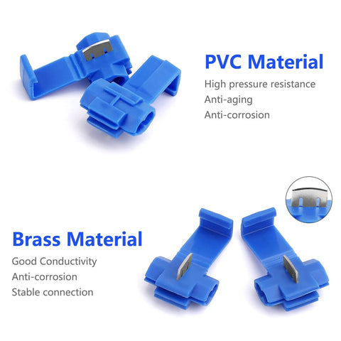 Front and side views of blue insulated quick-splice wire connectors for 22–10 AWG.