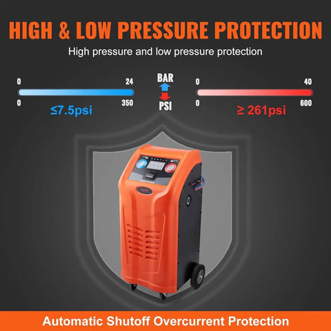 Fully Automatic Refrigerant Recovery Machine For R134A And R1234YF AC Systems showing high and low pressure protection features.