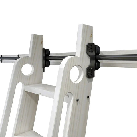 Rustic Black Sliding Library Ladder Hardware Kit With Track System And Brake Wheels No Ladder Included For Home Garage Or Library Storage Durable Slick Carbon Steel Build Easy DIY Install, close-up view of track system and brake wheels on wooden ladder.