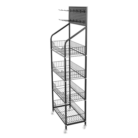 Four Tier Metal Wire Display Rack And Snack Candy Organizer With Ten Hooks Smooth Rolling Wheels And Rock Solid Design For Top Shelf Retail Setup And Hassle Free Sorting In Black, viewed from the side.