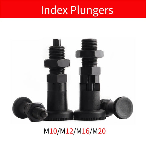 Built Tough Self Locking Return Indexing Pin Plunger With Sturdy Black Plastic Knob for precise jig alignment, M10/M12/M16/M20 sizes.