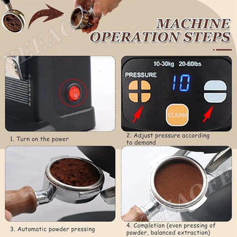 Machine operation steps for Automatic Espresso Tamper 58mm Electric Coffee Press With Adjustable 22 To 66 Lbs Pressure.