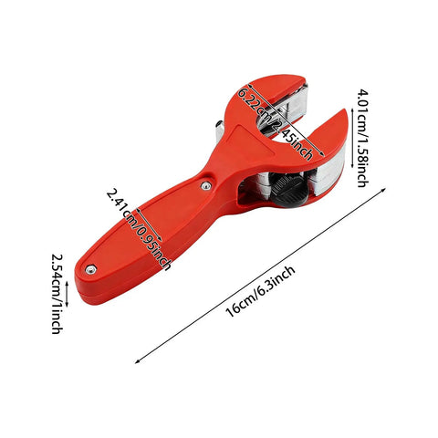 Ratcheting Tubing Cutter Pro Grade Workhorse Adjustable Tube Cutter Tool in red showing size dimensions for copper, PVC, brass, aluminum tubing.