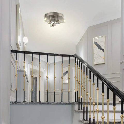 Three Light Semi Flush Mount LED Ceiling Light With Directional Heads, Dimmable 4000K 15W, Brushed Nickel Finish installed in hallway