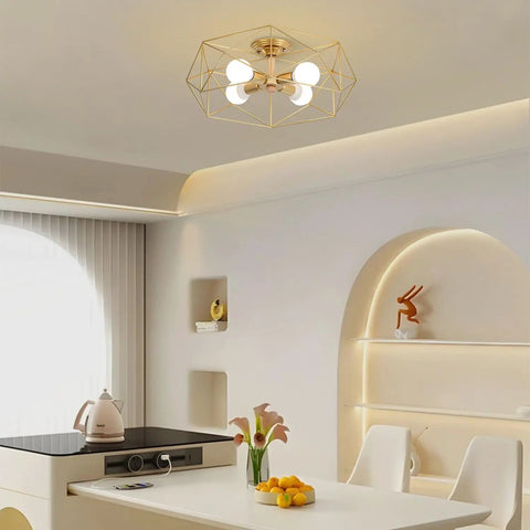 Gold Four Light Semi Flush Mount Ceiling Light With Metal Cage in modern kitchen setting