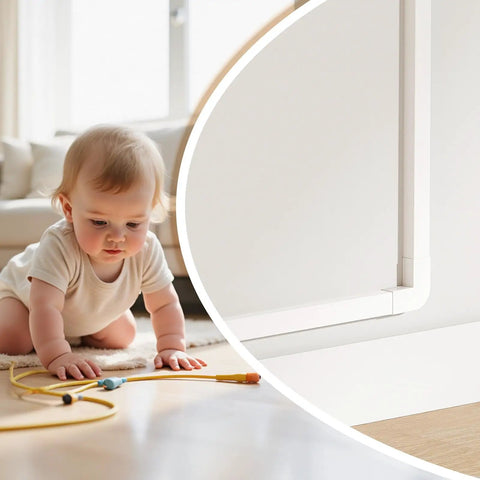 Effortless Wall Cable Hideaway Kit For TVs No More Dangly Cords With Self Adhesive One Cord Covers White Keeps Your Setup Clean And Safe Quick Install For Home Theater Living Room Or Office shown in use in a living room with a baby nearby.