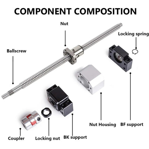 Solid Cnc Ballscrew Sfu2005 Set With End Machined 800Mm Stroke, Includes Ballnut, Nut Housing Bk And BF15 Support Brackets Plus RM2005 Coupler components display.